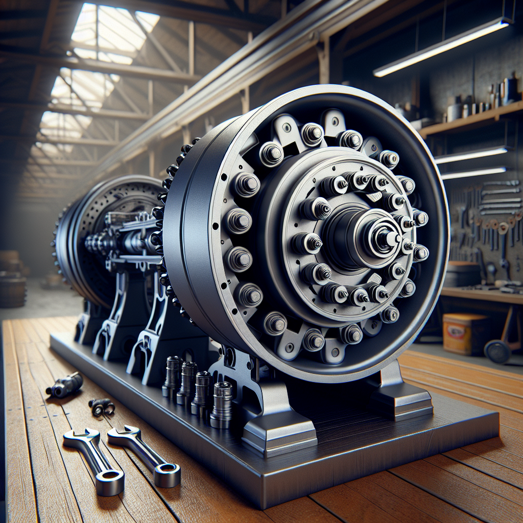 A trailer axle displayed on a workbench in a workshop setting.