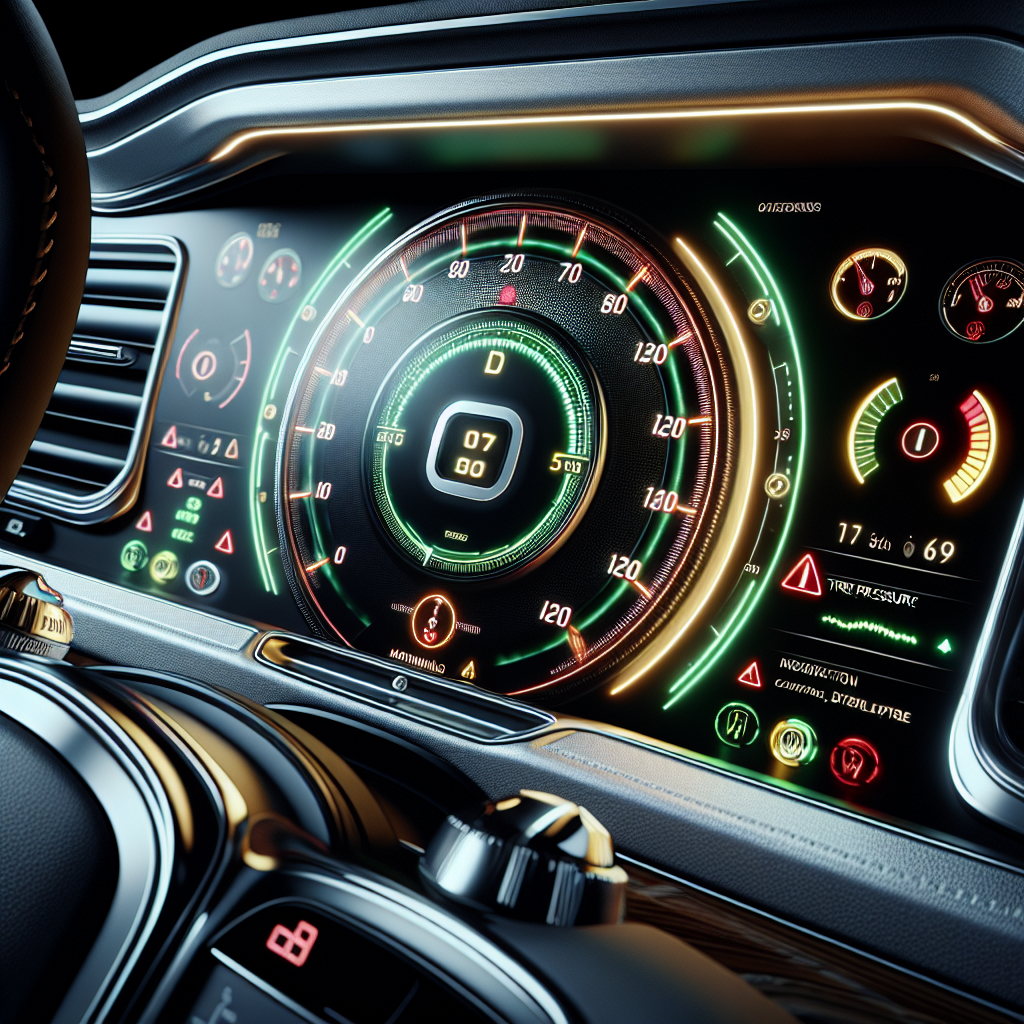 A modern vehicle's dashboard showcasing a Tire Pressure Monitoring System display with tire pressure levels and warning lights.