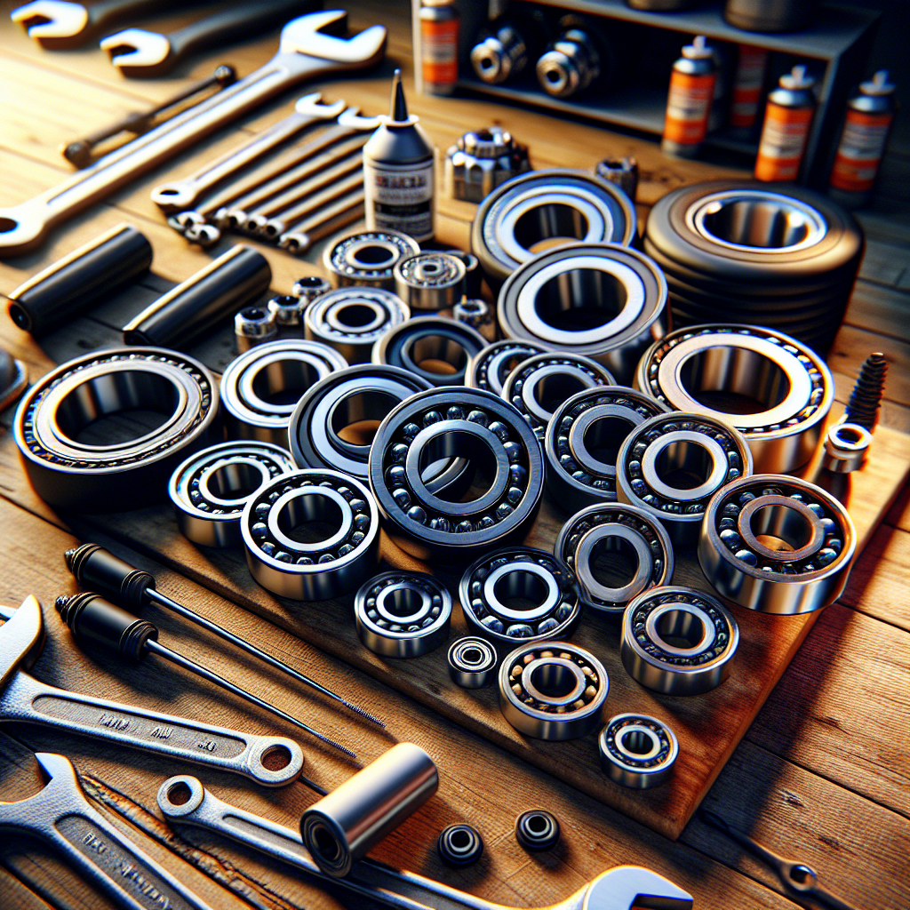 A trailer bearing kit on a workbench with bearings, seals, and grease.