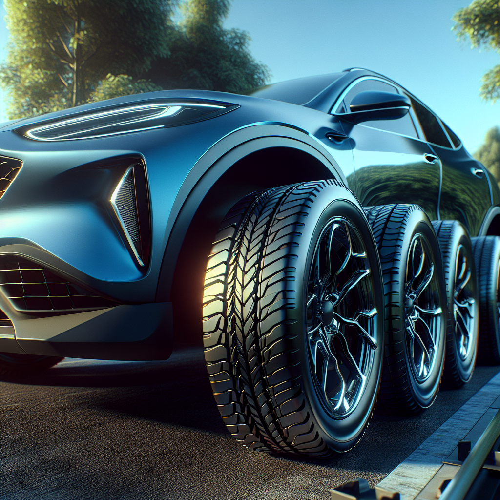 A car with well-inflated tyres parked on a roadside under a sunny sky.