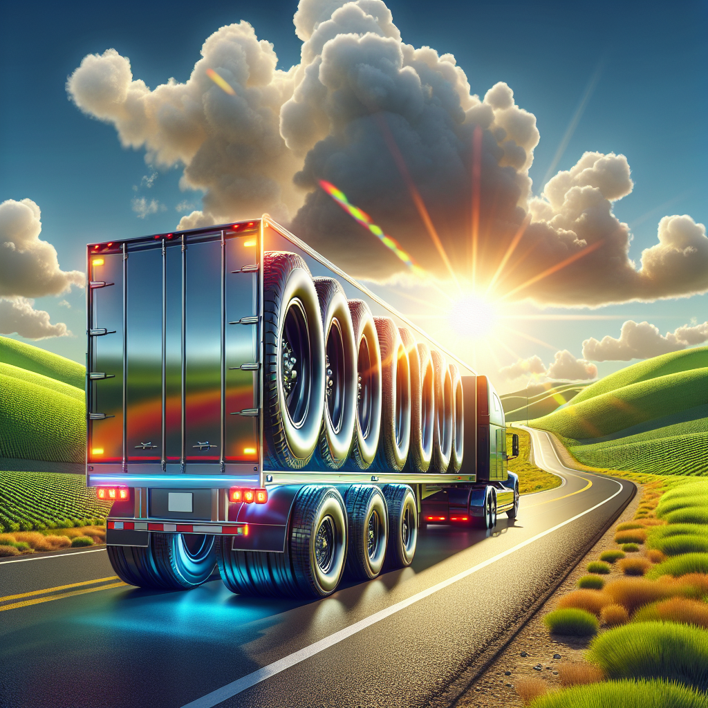 A trailer on a paved road with warm tires and green hills in the background.