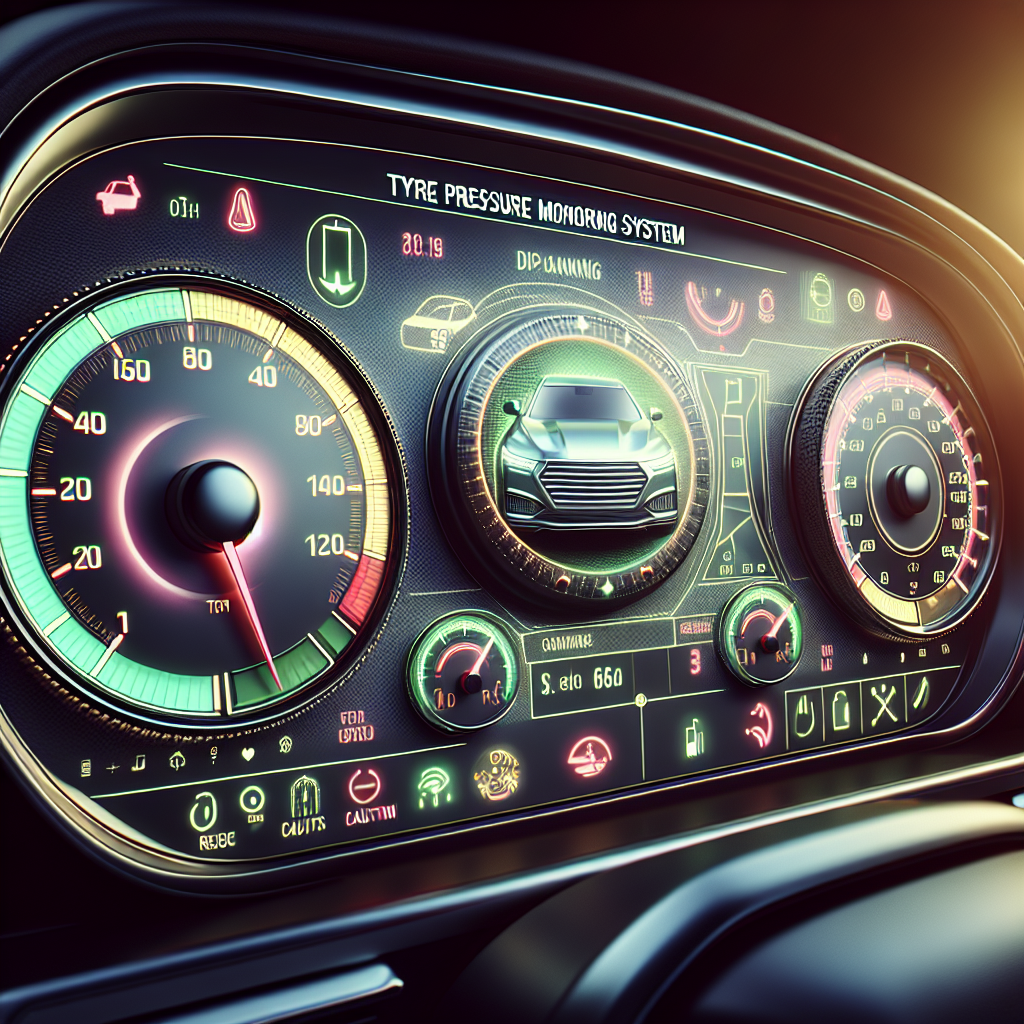 A car dashboard featuring a tyre pressure monitoring system with various gauges.