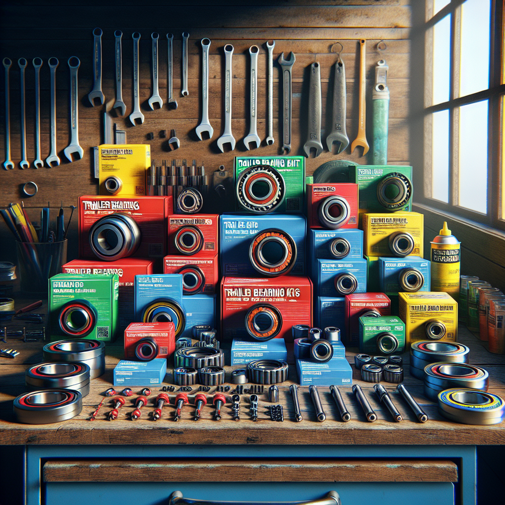 A display of various trailer bearing kits on a workbench with tools in the background.