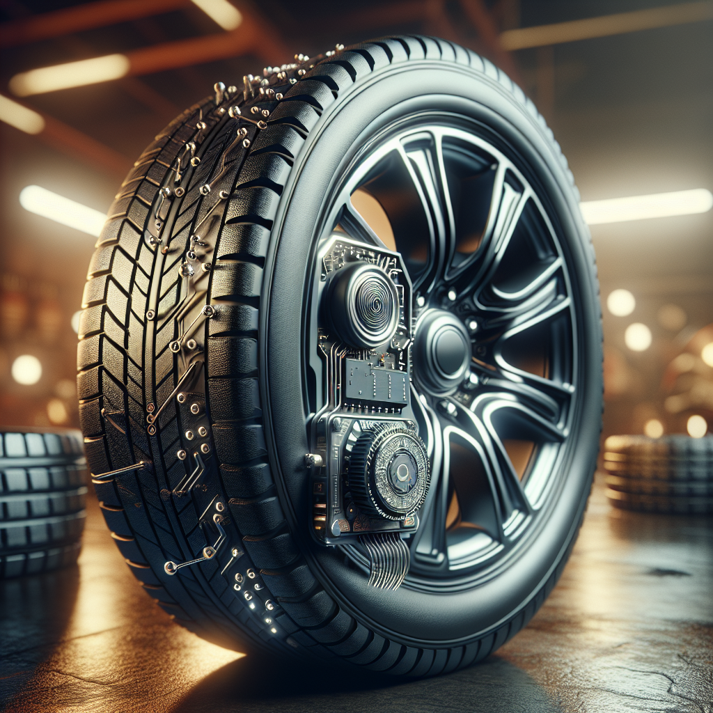 A detailed view of a tire pressure monitoring system sensor on a vehicle tire.