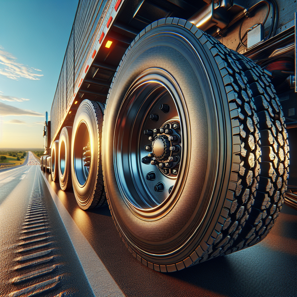A heavy-duty trailer with a focus on its tires parked on a sunny highway.