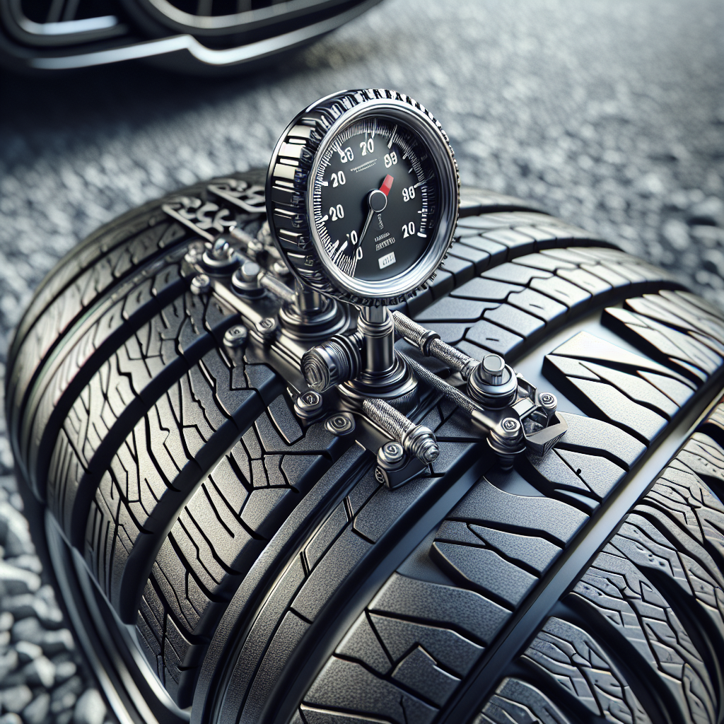 Close-up of a car tyre with a pressure monitoring gauge.