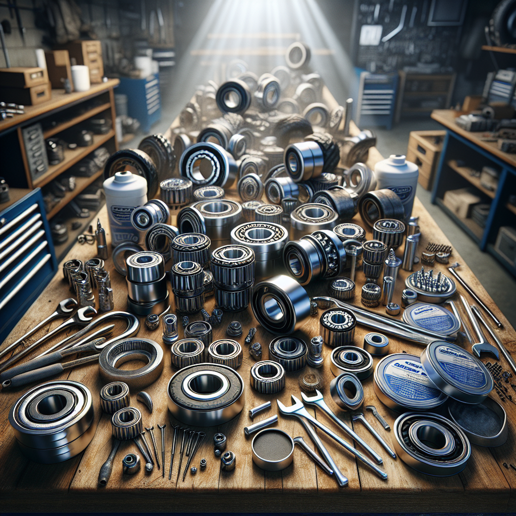 A variety of trailer bearing kits displayed on a wooden workbench with tools in a garage setting.