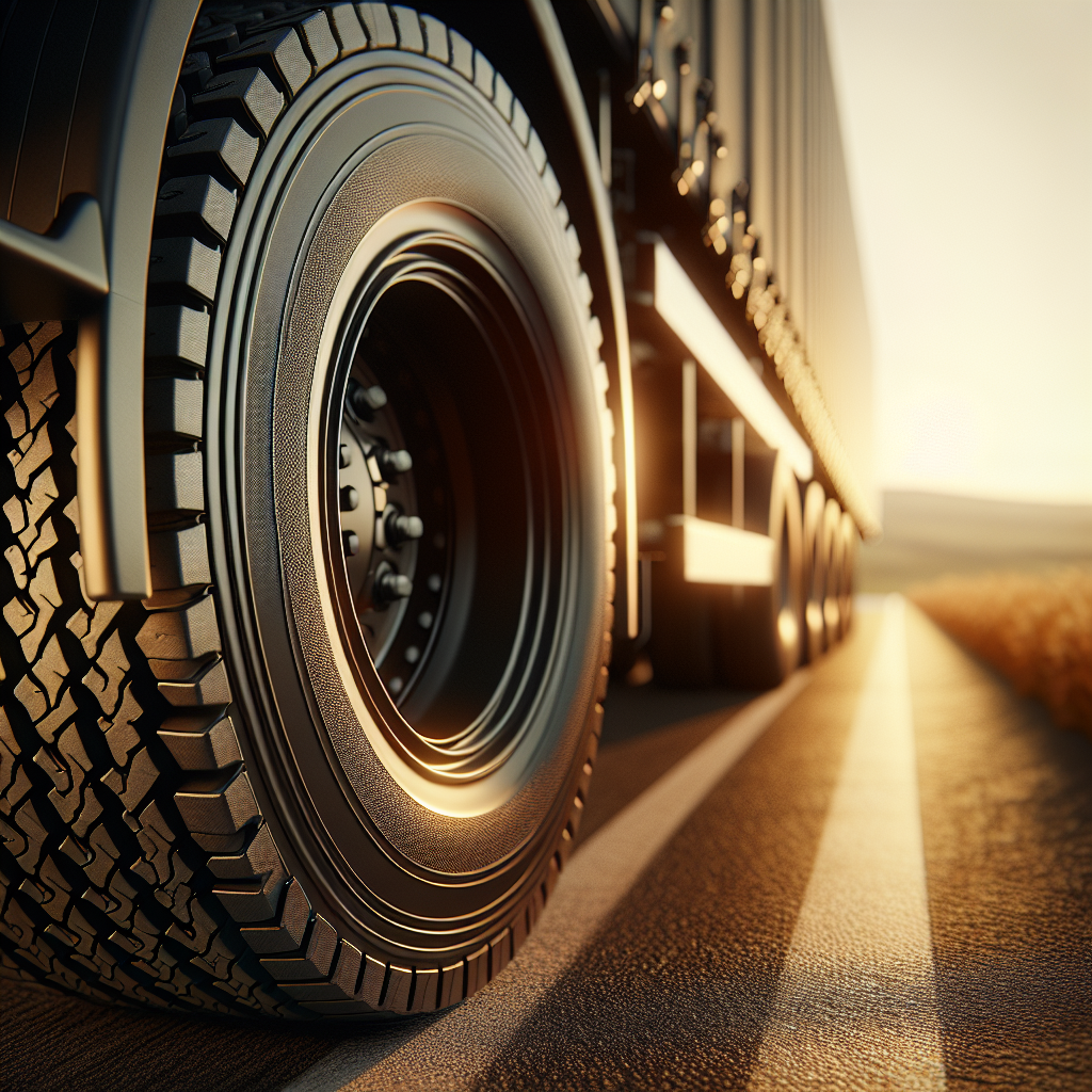 A close-up of a tire on a trailer showing tread details against an asphalt road.