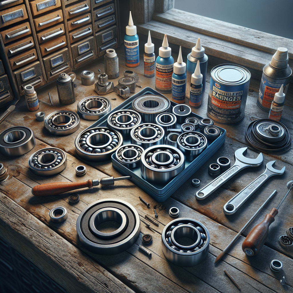 A variety of components from a trailer bearing kit displayed on a wooden workbench.