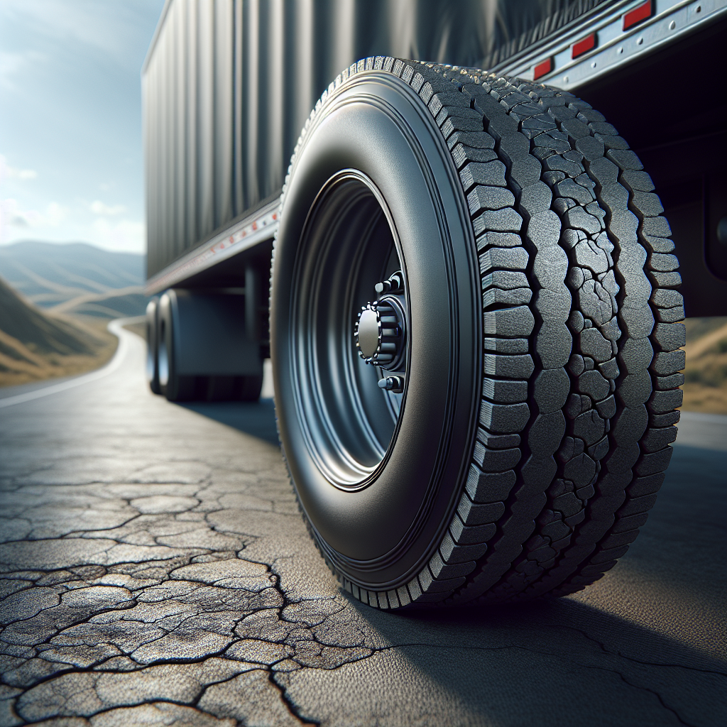 A close-up of a tire on a trailer on cracked asphalt road with rolling hills in the background.
