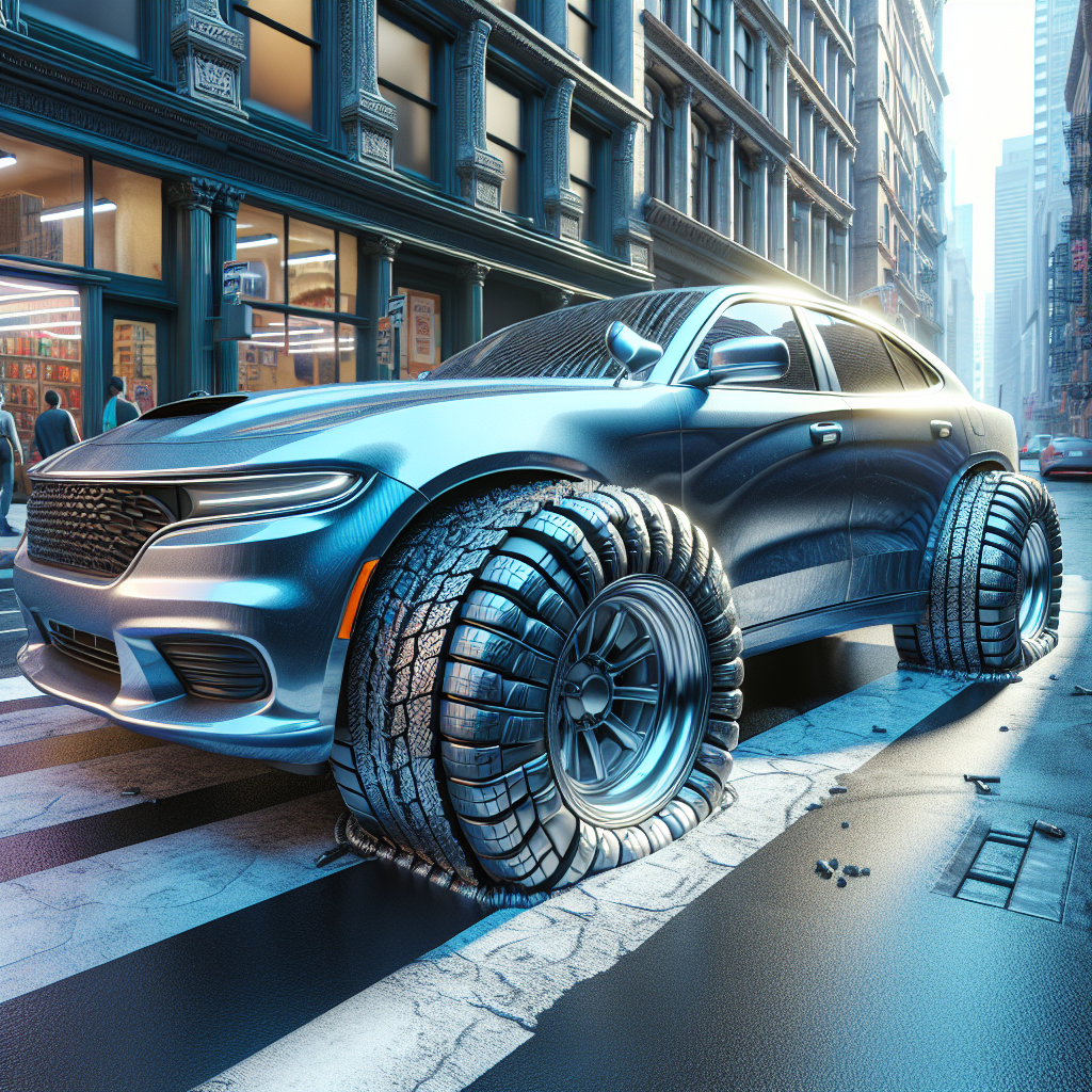 A parked car with under-inflated tires on a busy city street.