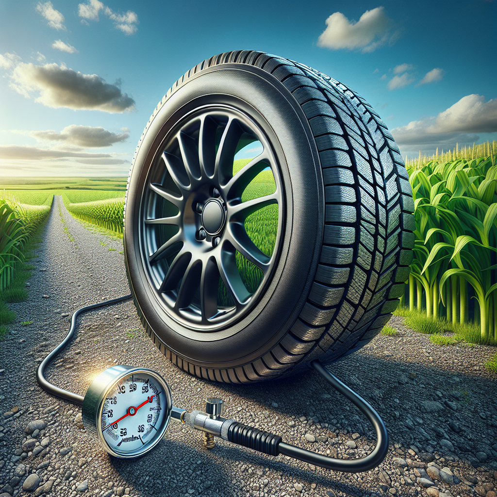 A car tire being checked for pressure with a metallic tire pressure gauge.