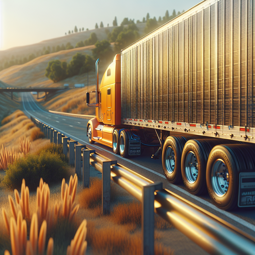 A trailer parked beside a highway, focusing on its tires and tire pressure monitor system.