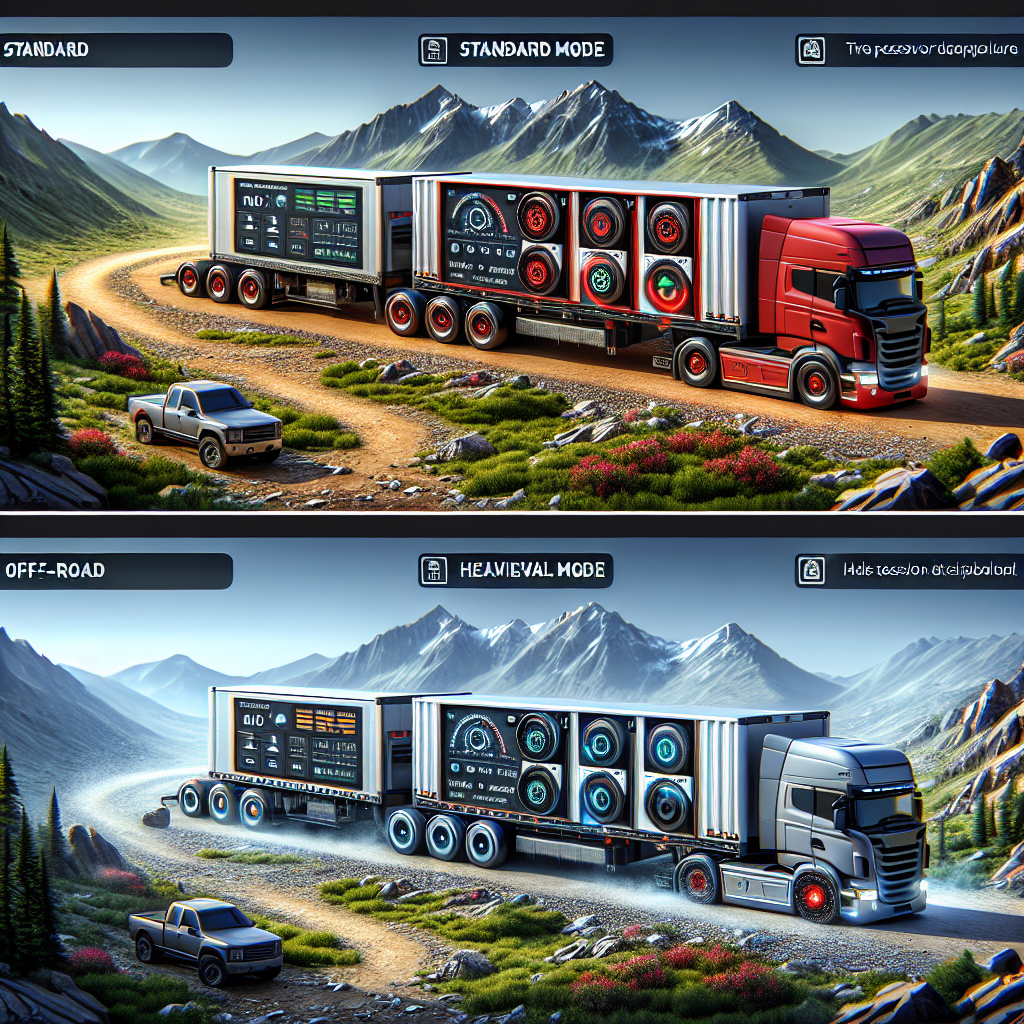 A modern sensor trailer depicted in three operational modes: Standard Mode, Heavy Load Mode, and Off-Road Mode.