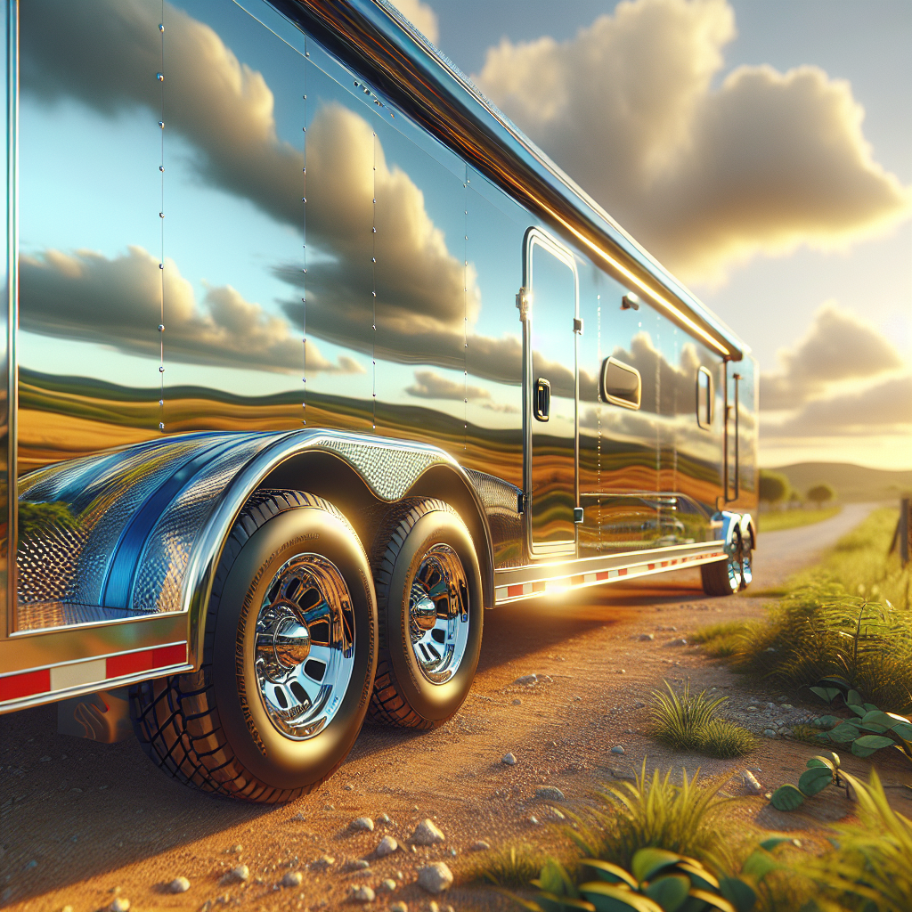 A parked trailer on the roadside with focus on its tires and the surrounding landscape.
