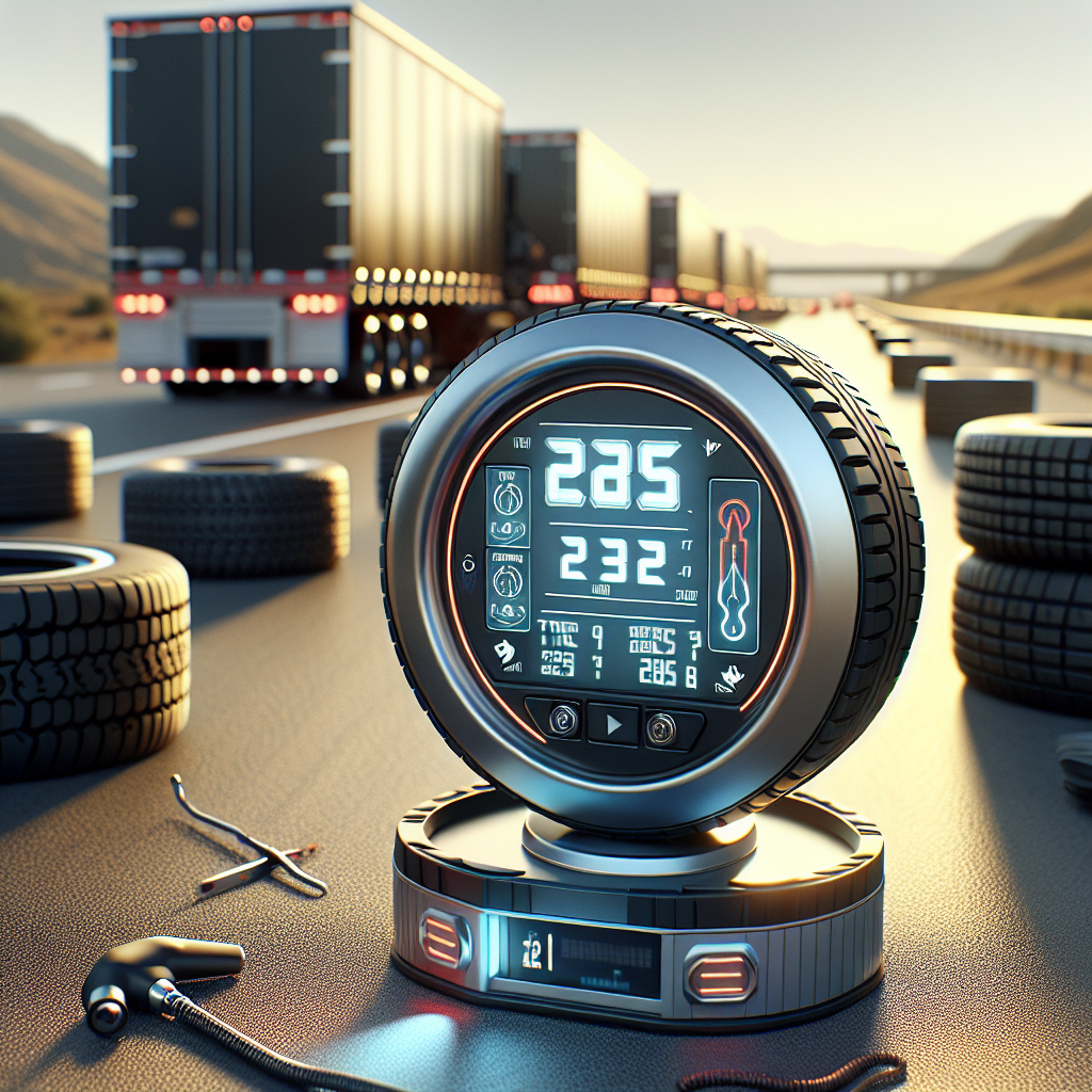 A detailed depiction of a trailer tire pressure monitor system with a blurred highway background.