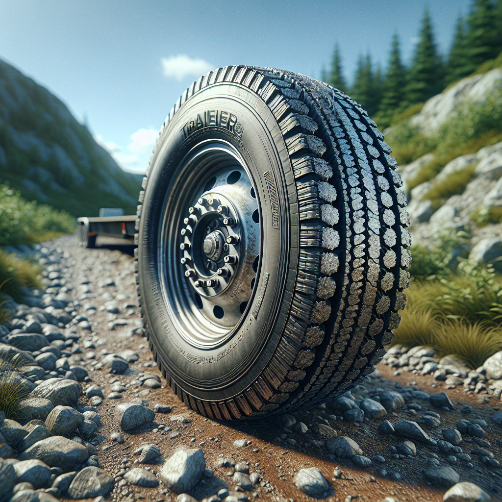 A trailer tire on a gravel road, highlighting tread patterns and surrounding natural landscape.