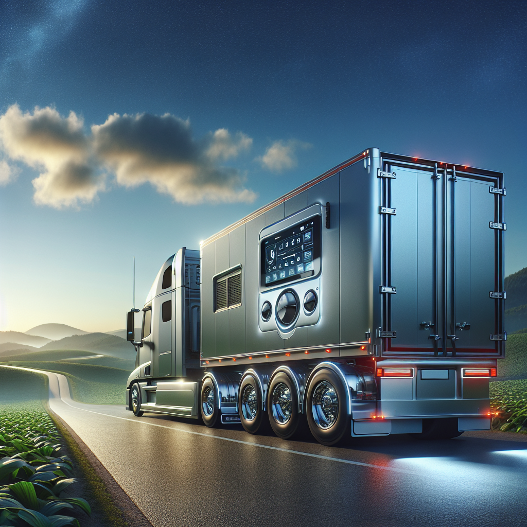 A trailer with a tire pressure monitor system displayed, parked on the road surrounded by green hills.