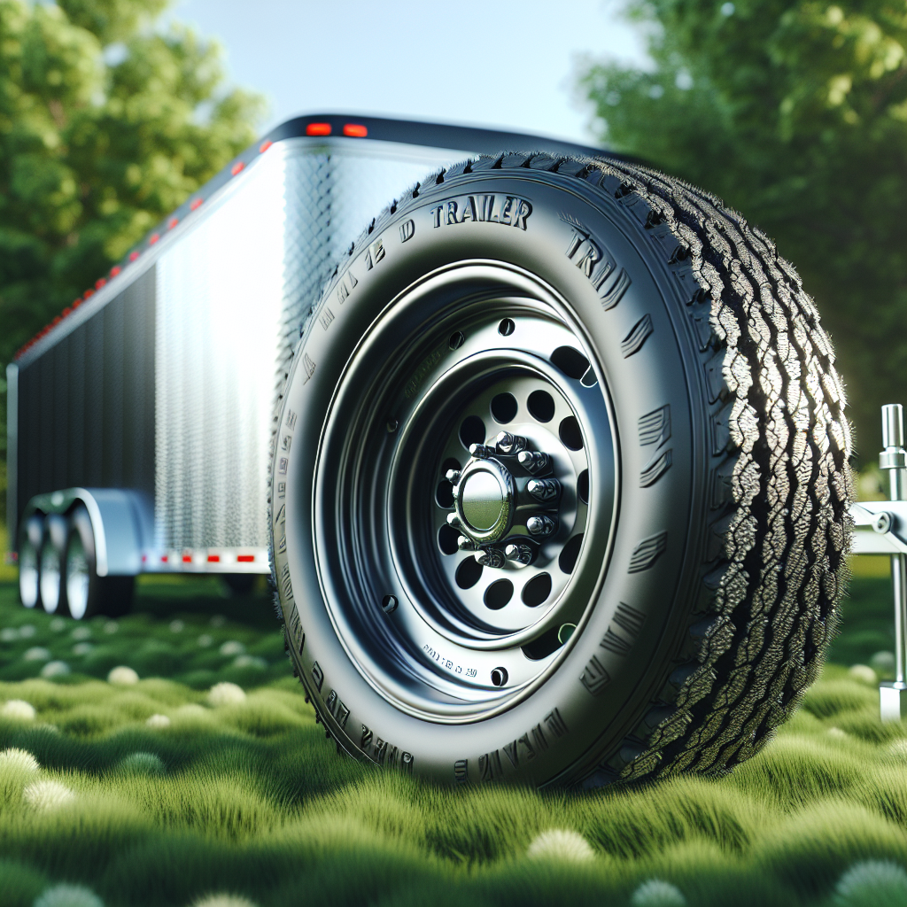 A close-up of a trailer tire on grass with a clear sky in the background.