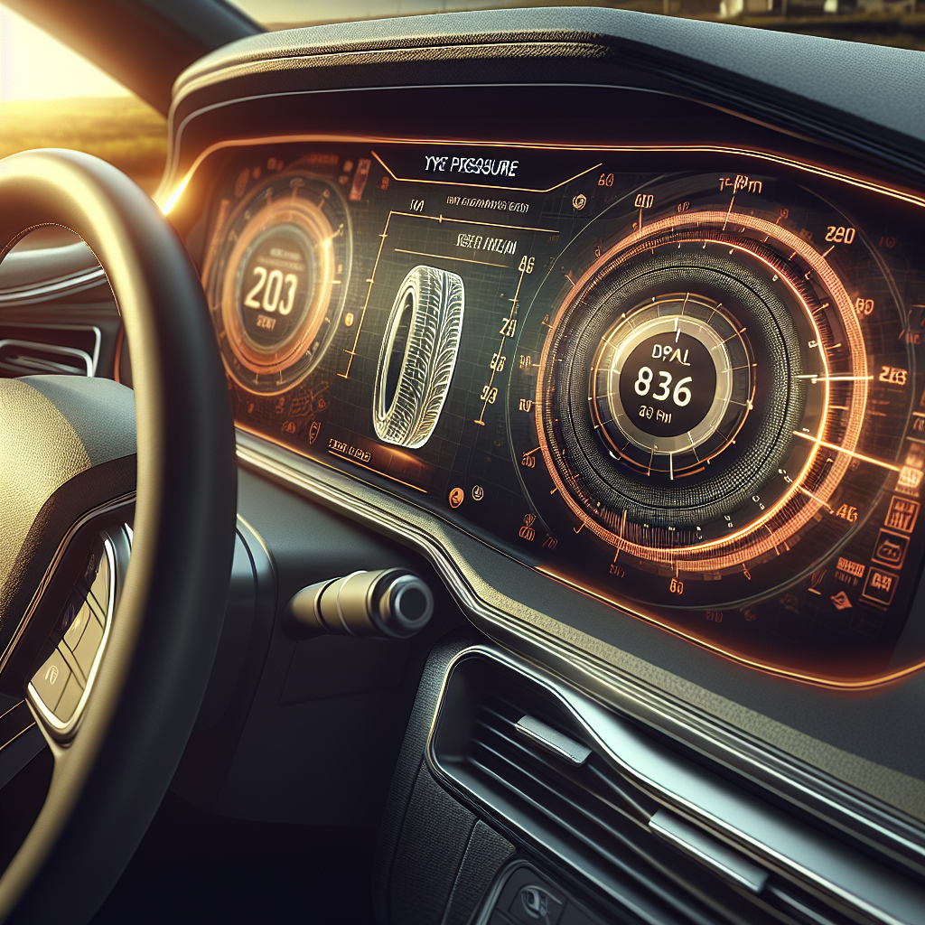 A car dashboard illustrating a tyre pressure monitoring system with detailed gauges.
