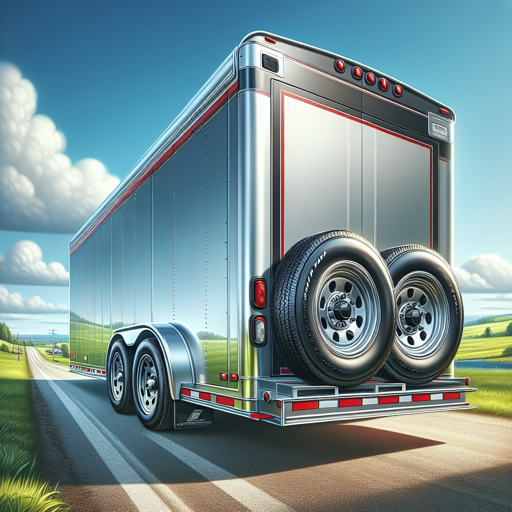 A well-maintained silver trailer with properly inflated tires parked on a sunny road.