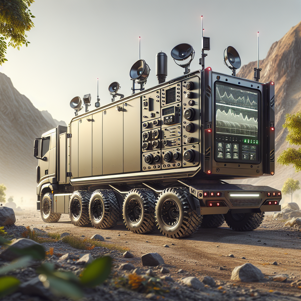 A modern sensor trailer in rugged terrain with advanced monitoring features.