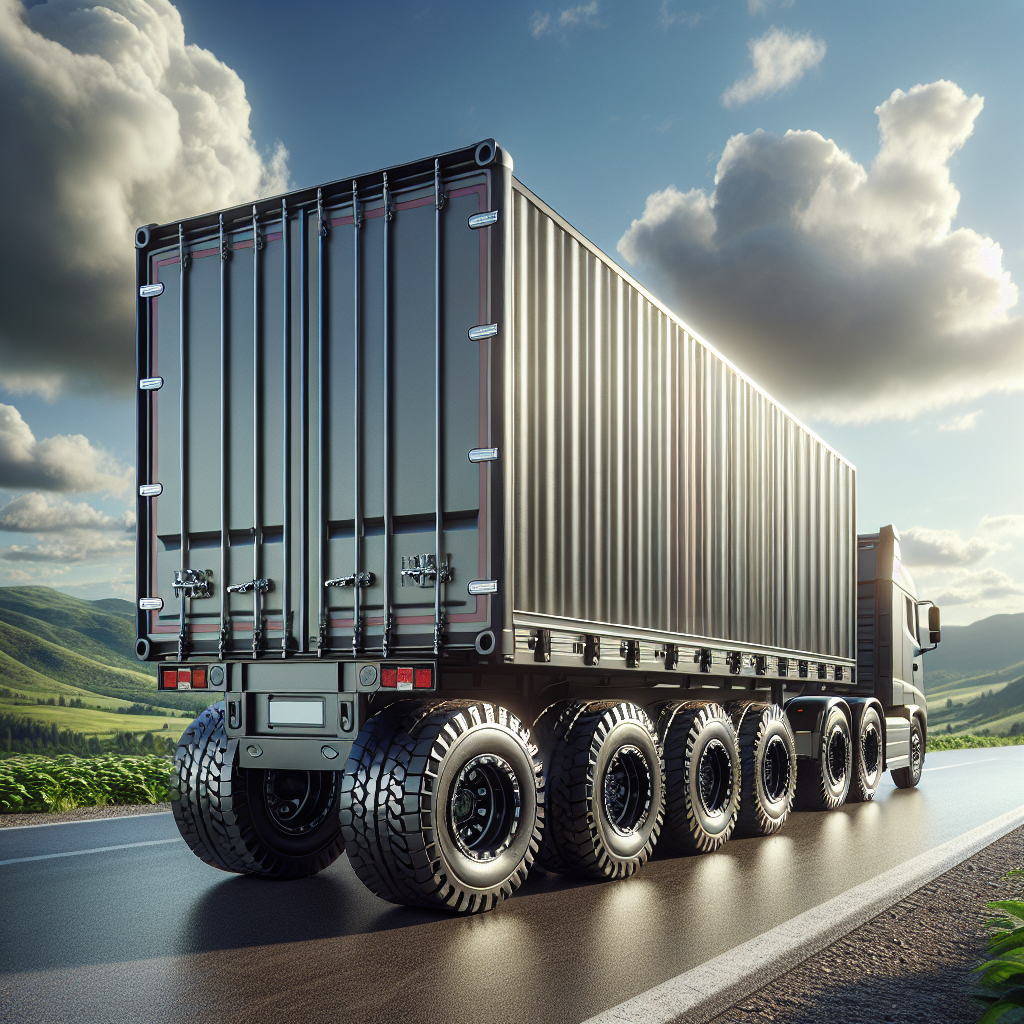 A trailer on a highway showcasing its tire pressure monitoring system with clear visual emphasis on the wheels and tires.