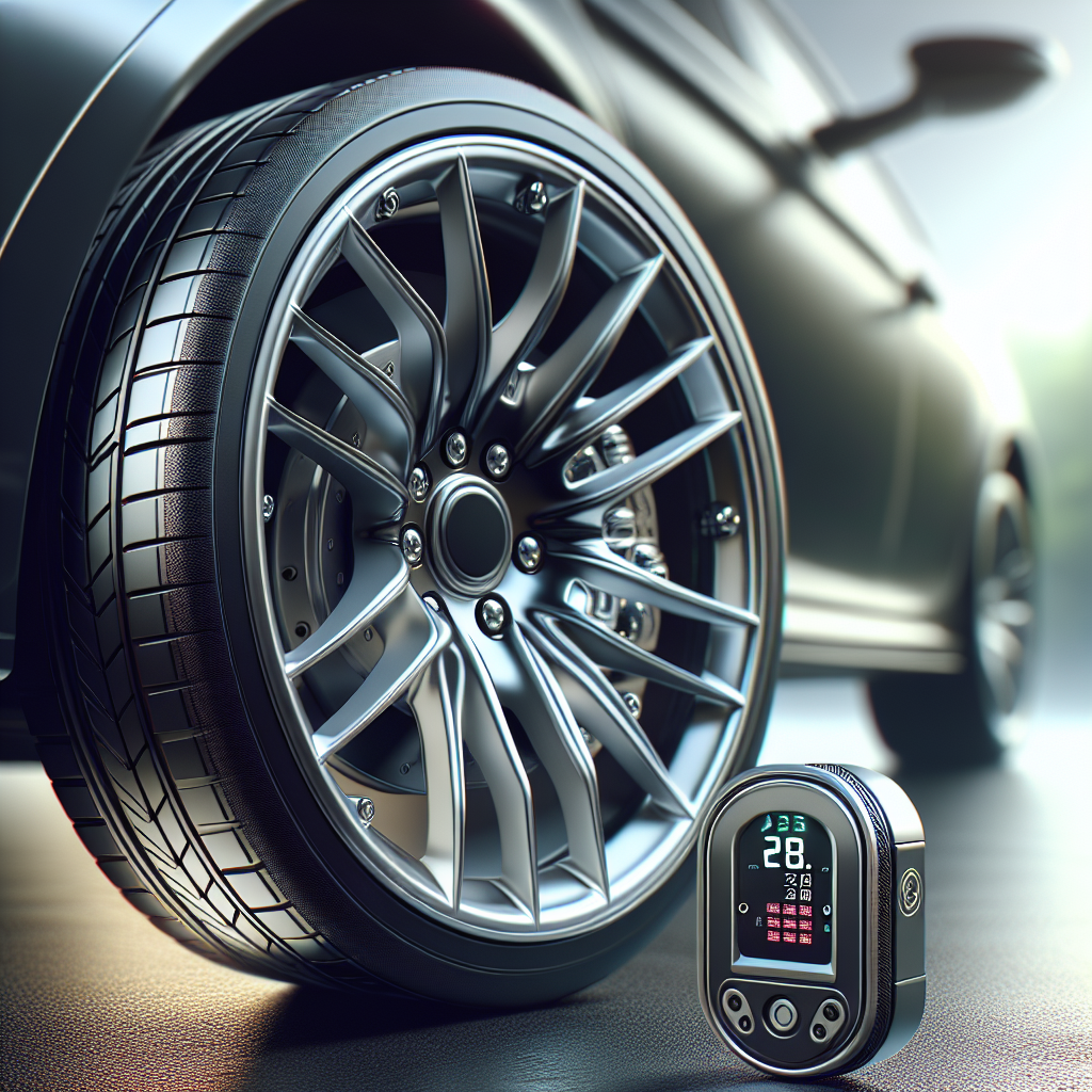 A Tyre Pressure Monitoring System sensor on a car tyre.