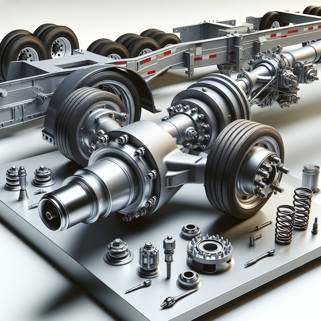 A realistic image of a trailer axle with its key components and surrounding trailer parts.