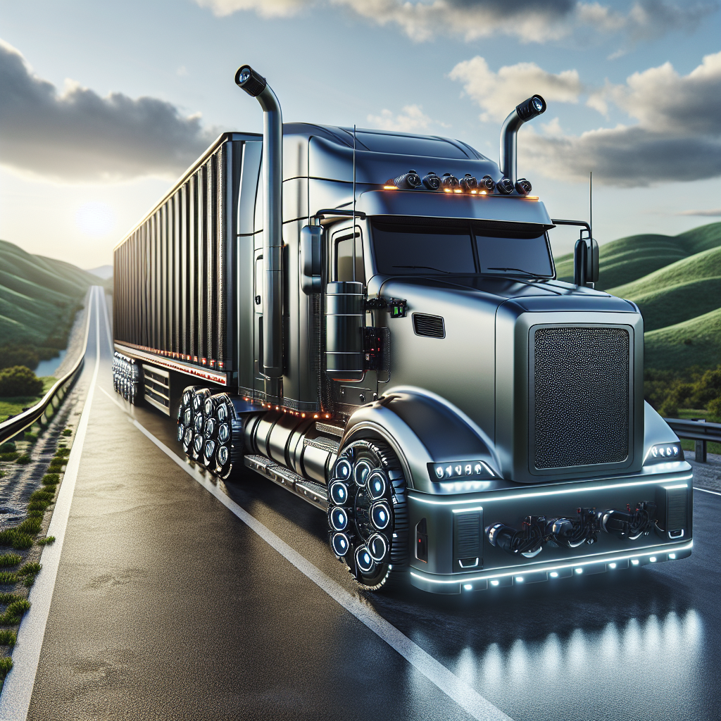 A heavy-duty trailer truck on a highway with advanced thermal sensors on its tires.