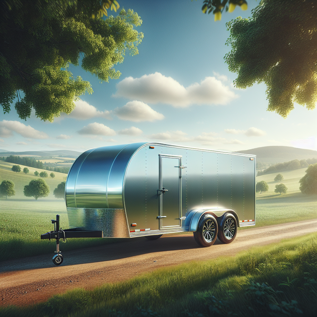 A silver trailer parked on a scenic countryside road with well-inflated tires.