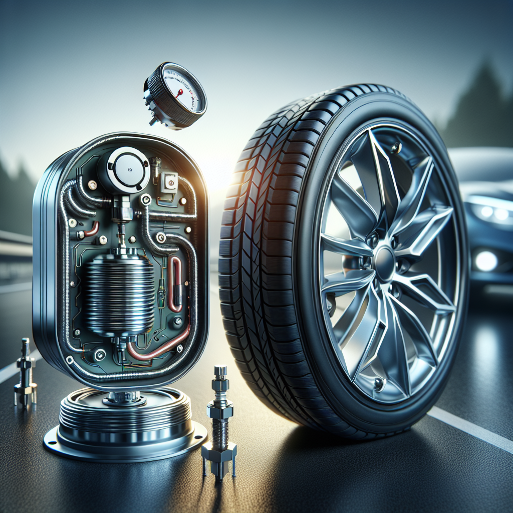 Realistic image of TPMS sensors with automotive background.