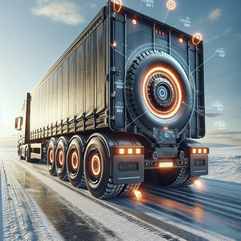 A heavy-duty trailer showcasing Tirex Advanced Thermal Sensor technology with highlighted tires.