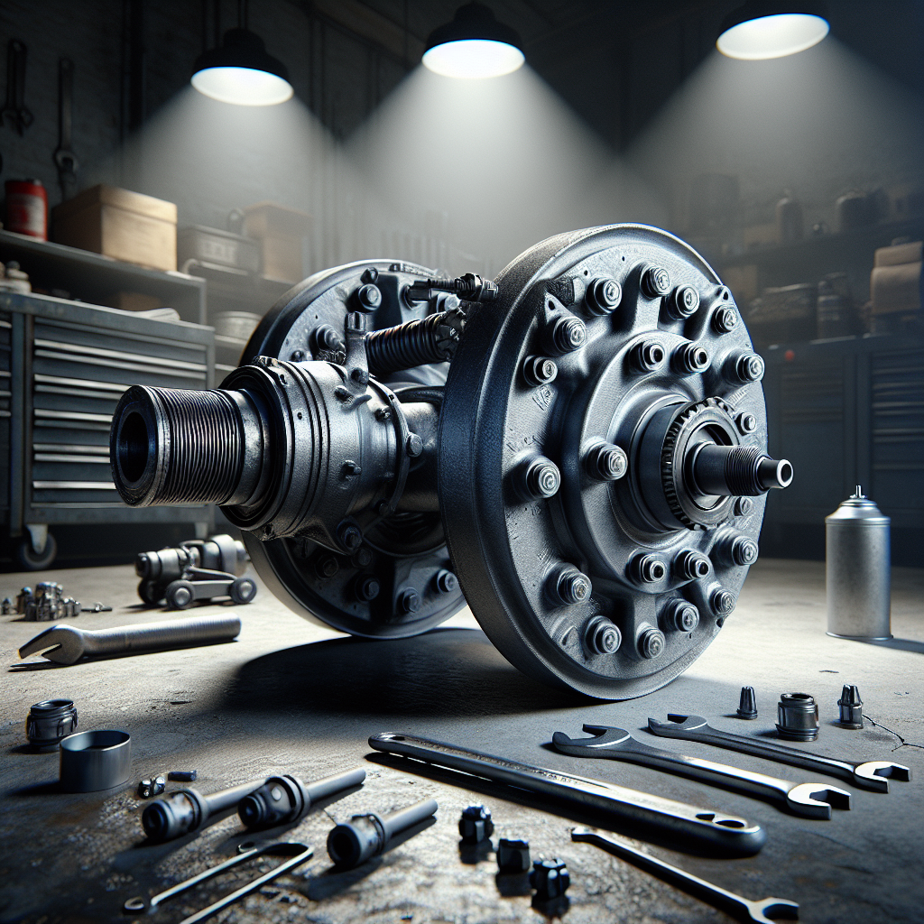 A close-up view of a trailer axle in a mechanic's workshop.