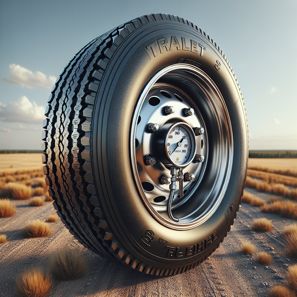 A close-up of a trailer tire with an air pressure gauge against a road and clear sky.