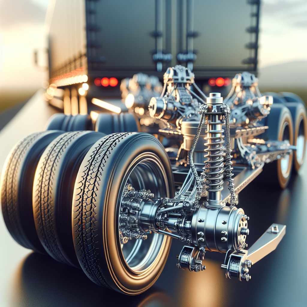 A detailed view of a tri-axle trailer system with large tires and metallic components.