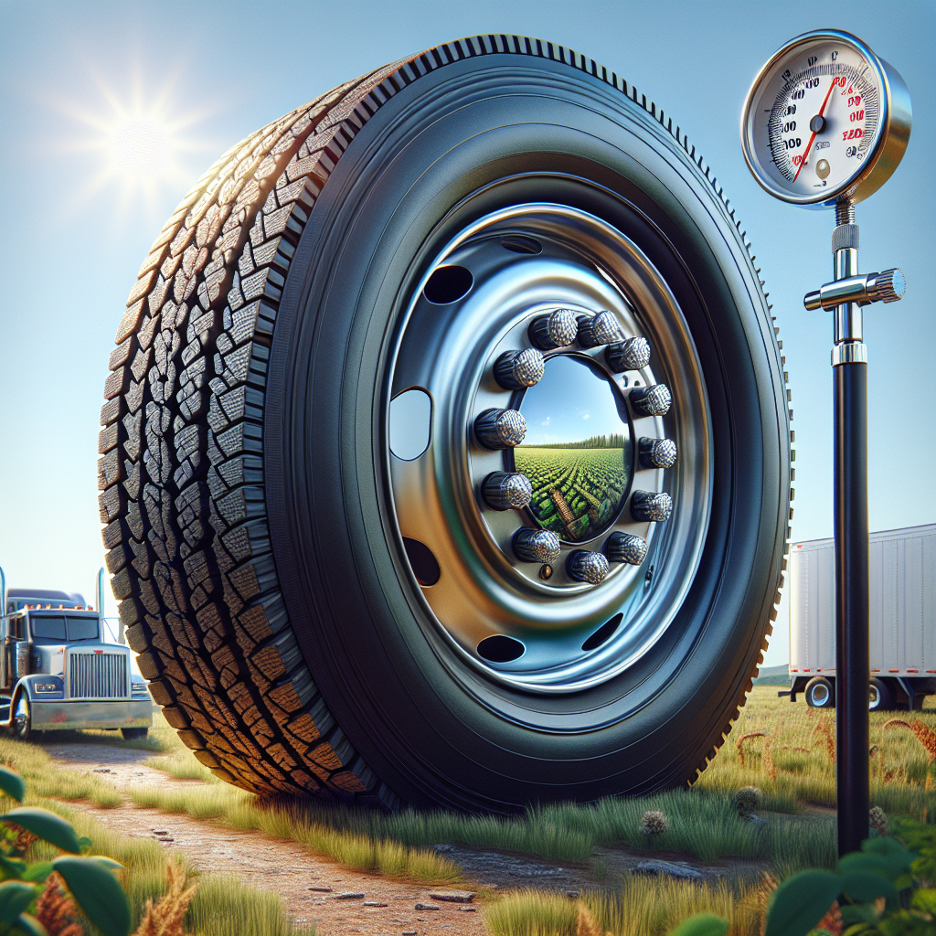 A close-up of a trailer tire with a tire pressure gauge, set against a serene outdoor background.