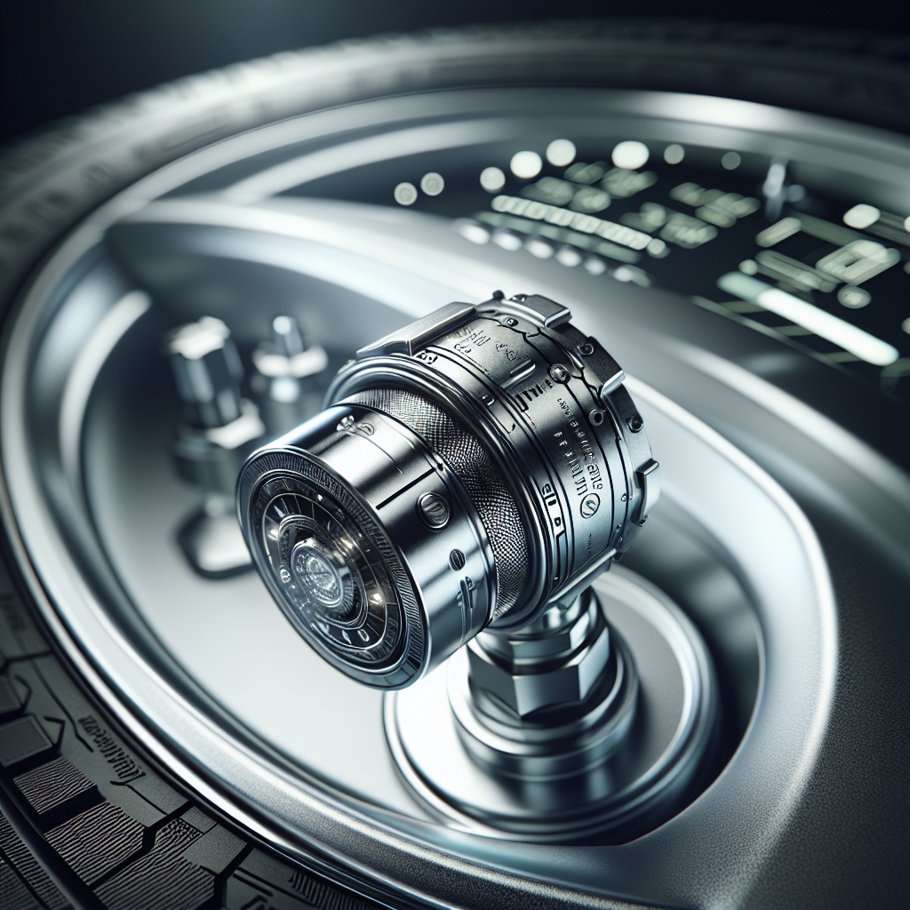 A close-up view of a Tire Pressure Monitoring System (TPMS) sensor with a blurred tire background.