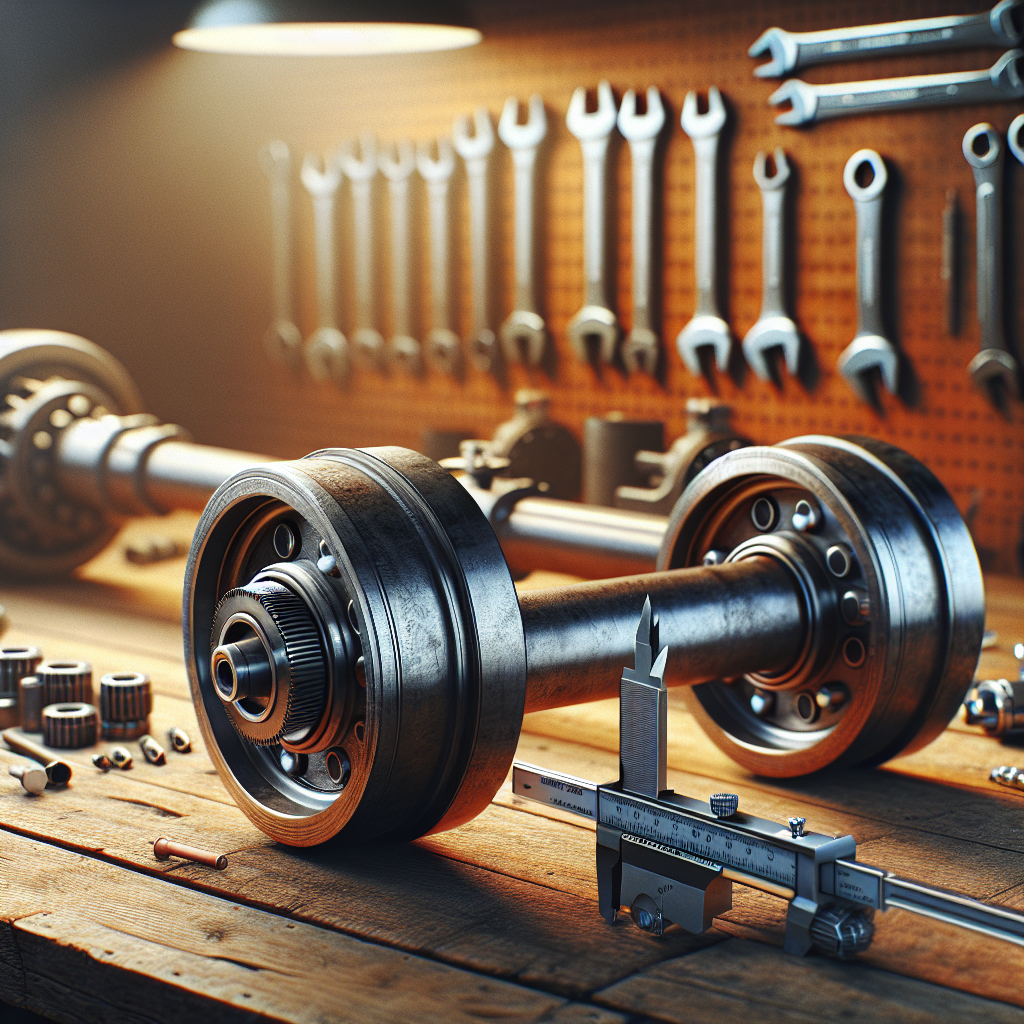 A mechanical trailer axle on a workbench with measuring tools.