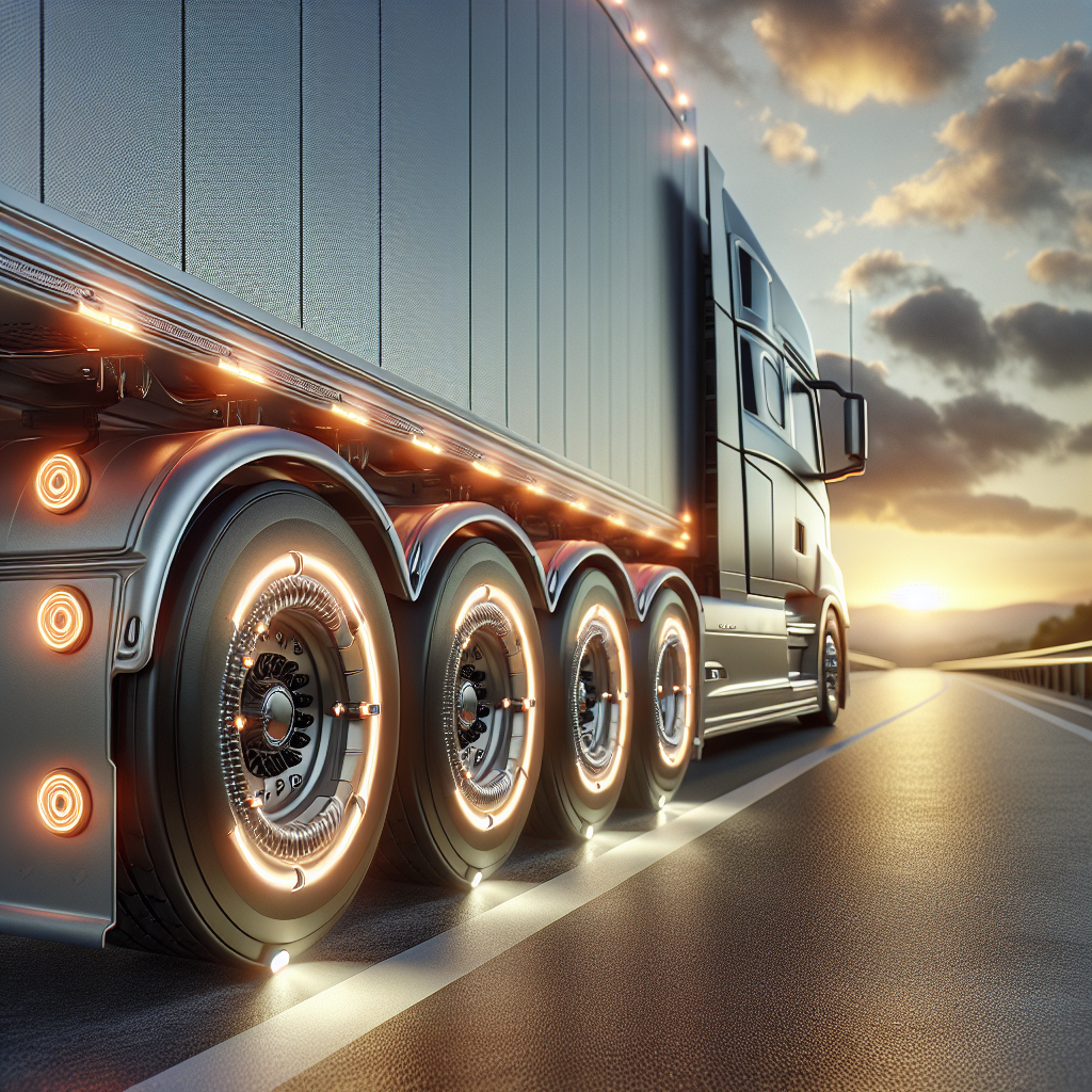 A high-tech truck trailer with advanced thermal sensors monitoring tire temperatures on a scenic highway during dusk.