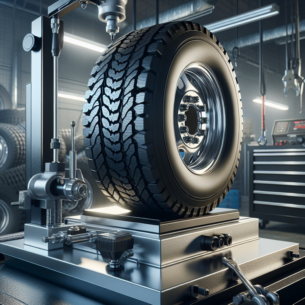 A close-up of a trailer tire being balanced on a tire balancing machine.