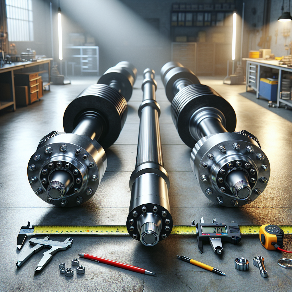 A display of various trailer axles and measuring tools on a workshop floor.