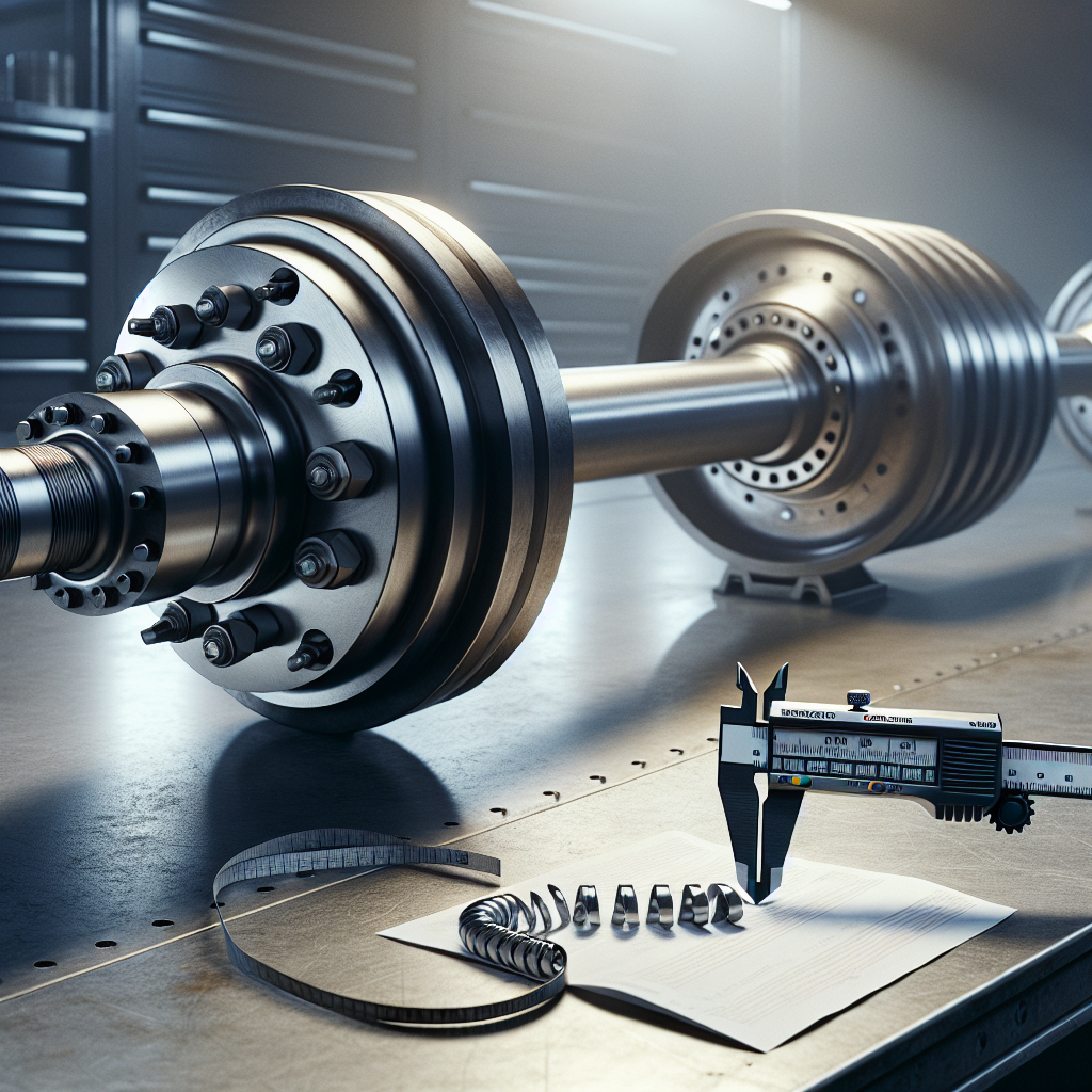 An image of a trailer axle being measured with a caliper and tape measure in a workshop.