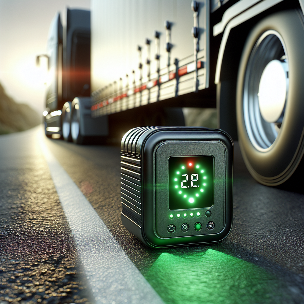 An advanced thermal sensor mounted on a trailer's wheel, set against a sunny road backdrop.