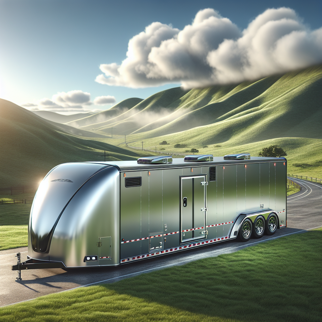 A silver modern trailer parked on asphalt with green hills and a blue sky in the background.