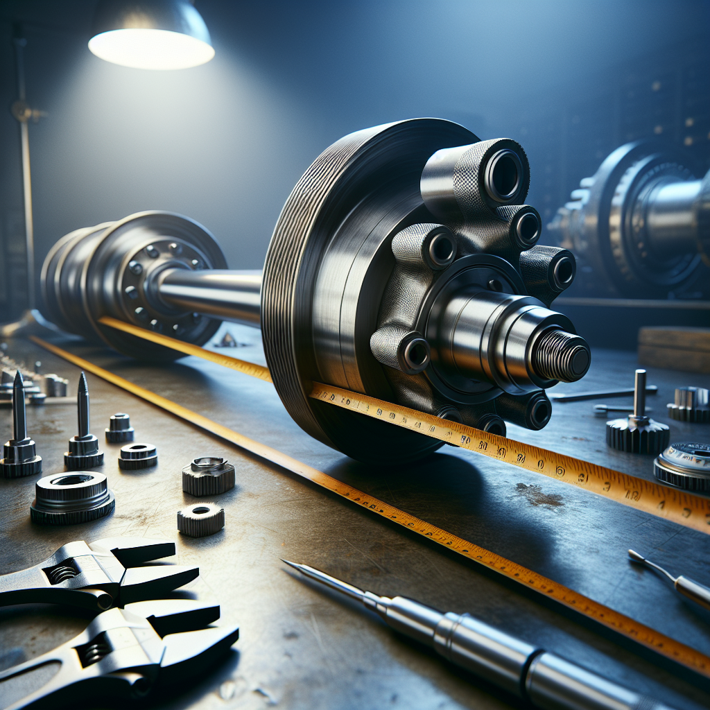 Realistic depiction of measuring a trailer axle with a tape measure and caliper.