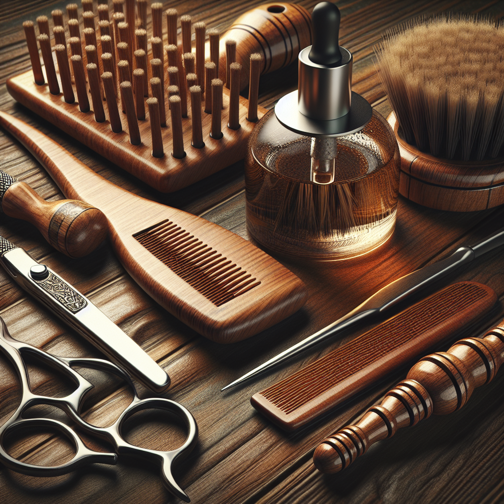 Realistic image of male grooming essentials, including a wooden comb, brush, beard oil, and scissors.