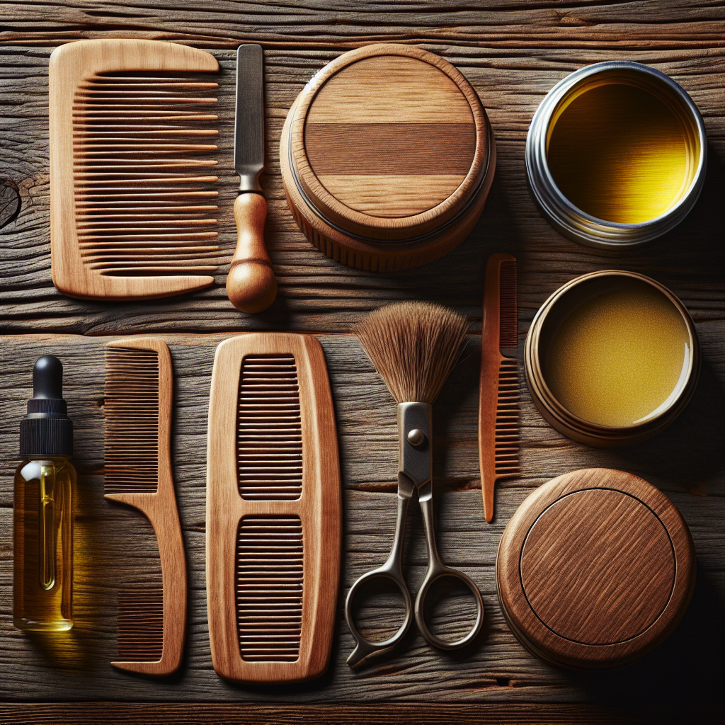 Assorted natural grooming essentials arranged on a wooden surface.