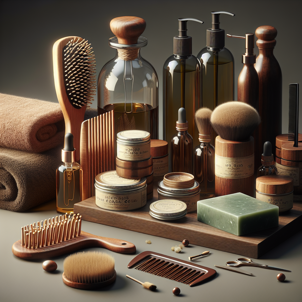 Assortment of natural grooming essentials arranged in a realistic and detailed manner, matching the aesthetic of the provided reference image.