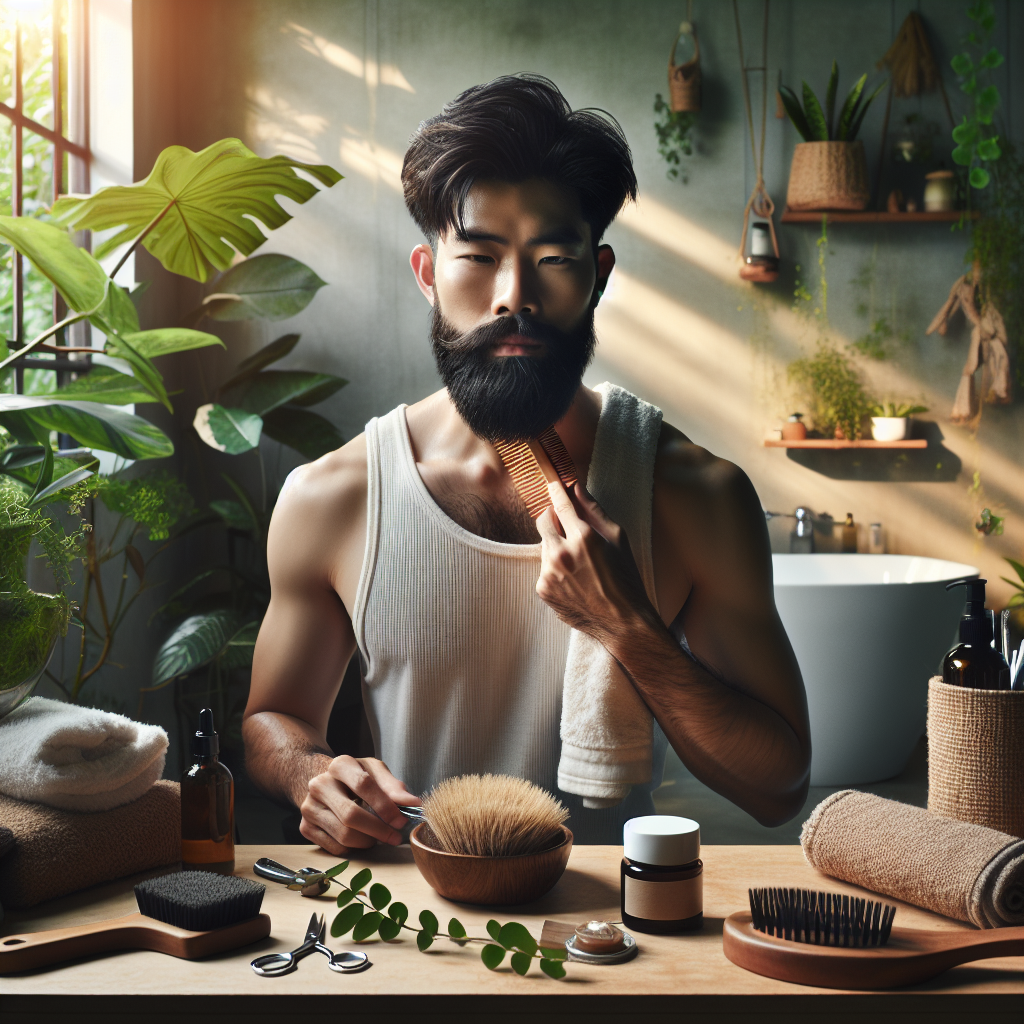 An image depicting a person grooming their beard in a realistic setting, based on a reference photo.